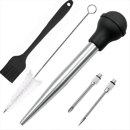 Turkey Bsater, Stainless Steel Turkey Baster Silicone Bulb with 2 Marinade Injector Needles and 2 Brush for Cooking Easy Clean and Dishwasher Safe Color Black