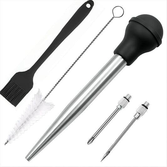 Turkey Bsater, Stainless Steel Turkey Baster Silicone Bulb with 2 Marinade Injector Needles and 2 Brush for Cooking Easy Clean and Dishwasher Safe Color Black