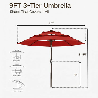 Kingdura 9ft 3-Tier Patio Umbrella, Outdoor Table Umbrella with Easy Crank & Tilt, 8 Reinforced Ribs, UV Protection for Deck, Pool, Market, Backyard (Red)