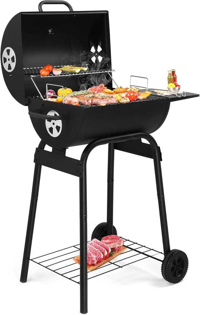 Charcoal Grill with Side Table and Wheels, Large Outdoor BBQ Grill, Barrel Grill with Adjustable Height Charcoal Pan, Temperature Gauge & Ash Tray for Backyard, Camping, Patio Parties