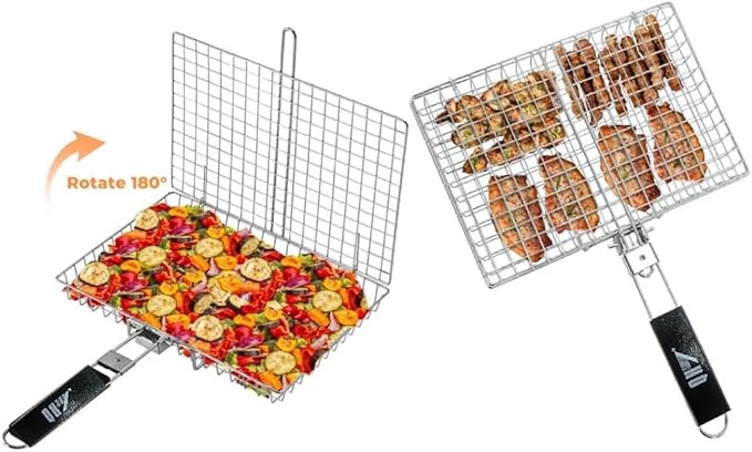 Portable BBQ Grill Basket, 12.6x8.8x 1.34 Inch, Stainless Steel Folding Portable Outdoor Camping Rack for Fish, Shrimp, Vegetables, Cooking Accessories, Gifts for Dad, husband, Friends （Includes Carry Bag）