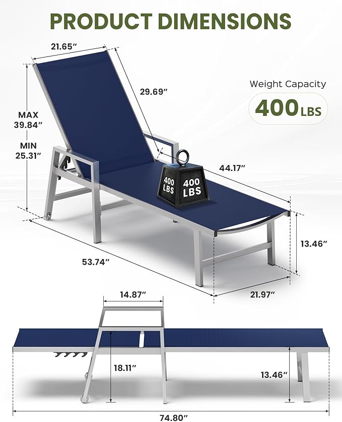 Vexwalx Patio Chaise Lounge Chair Outdoor with Wheels&Armrests, Aluminum Pool Lounge Chairs 5-Position Adjustable Recliner, Outdoor Beach Lounge Chairs for Poolside, Patio, Deck, Yard, Navy Blue