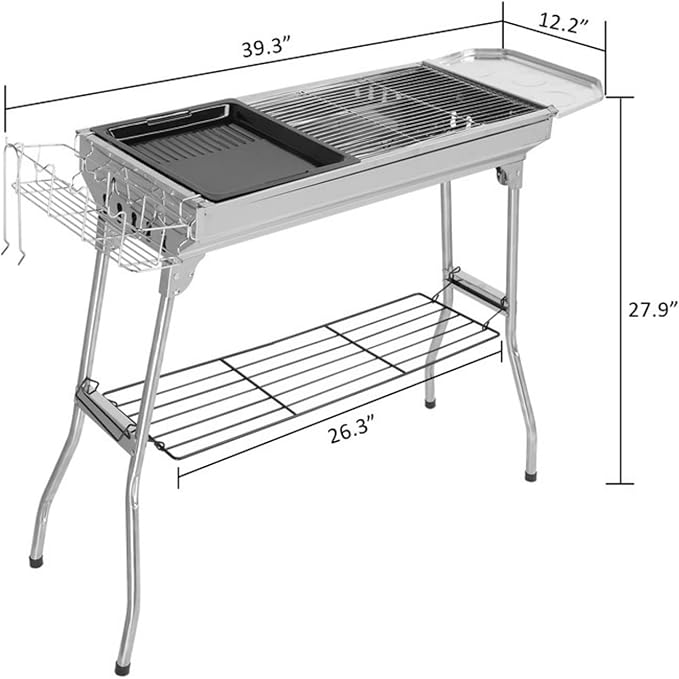 Portable Charcoal Grill, Stainless Steel BBQ Grill, 10.14 lbs, Multiple Grill Nets & Baking Tray, Bottom Shelf & Baskets, Anti-Scalding Handle for Camping, Picnics, Tailgating, 39.37 x 12.2 x 27.95''
