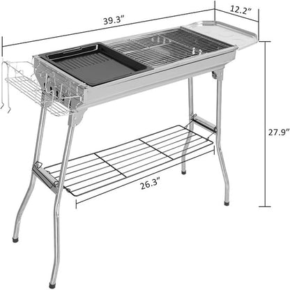 Portable Charcoal Grill, Stainless Steel BBQ Grill, 10.14 lbs, Multiple Grill Nets & Baking Tray, Bottom Shelf & Baskets, Anti-Scalding Handle for Camping, Picnics, Tailgating, 39.37 x 12.2 x 27.95''