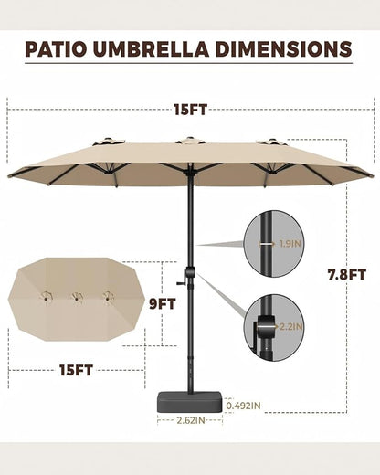 GDPFN 15FT Large Patio Umbrella with Base Included, Outdoor Deck Standing Umbrella with Crank Handle, Double-Side Rectangular Pool Umbrella for Outside, Market, Patio, Beige