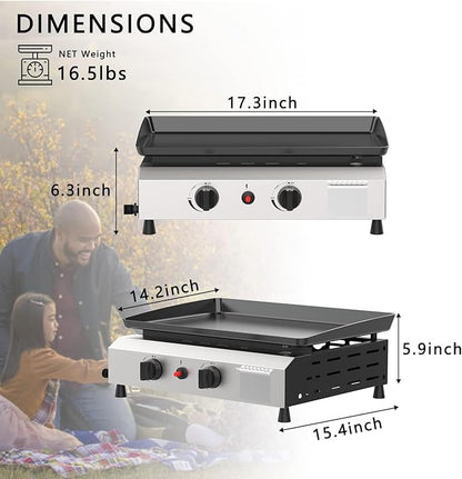 SKOK 2 Burner Gas Griddle-17 Inch Outdoor Propane Griddle- 20000 BTU Propane Fuelled, Portable Flat Top Gas Grill Camping Griddle Station for Kitchen, BBQ, Tailgating or Picnicking