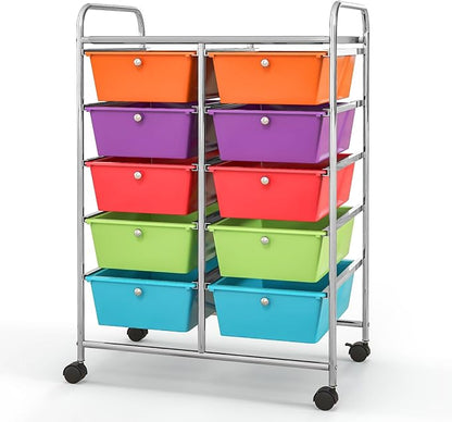 HOMGX Rolling Cart with 10 Drawers, 10 Tiers Multicolor Trolley, Drawer Bin Carts with 2 Lockable Wheels, Adjustable File & Debris Organizer Cart, Rolling Storage Cart for Office, School, Home