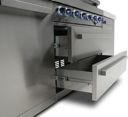 Mont Alpi Premium 145"W x 23"D x 46"H Stainless Steel Outdoor Kitchen Island with Refrigerator + Faucet and Sink Combo + 32"W 4-Burner BBQ Gas Grill + Granite Countertops + Storage Cabinets + Drawers