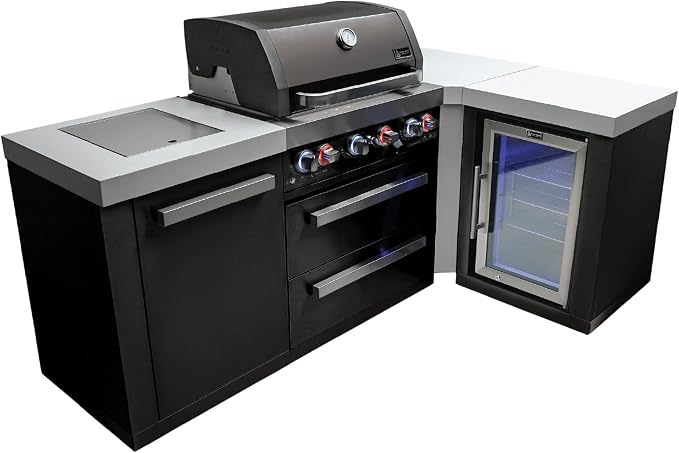 Mont Alpi 82"W x 50"D x 46"H Black Stainless Steel L-shaped Outdoor Kitchen Island with Refrigerator + 32"W 4-Burner BBQ Grill + Granite Countertops + Storage Cabinets + Drawers + Rotisserie + Cover