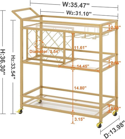 Bar Cart Gold, Home Bar Serving Cart with Wine Rack and Glasses Holder, Wine Carts on Wheels with 3 Tier Mirrored Shelves for Liquor and Beverage (Gold)