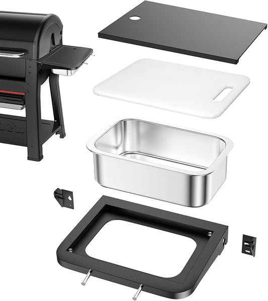Utheer Grill Side Table Shelf for Weber Searwood 600/600XL – Foldable BBQ Prep Station with Works Cutting Board, Stainless Steel Basin, Lid & Hooks, Side Table for Weber Searwood 600 Accessories
