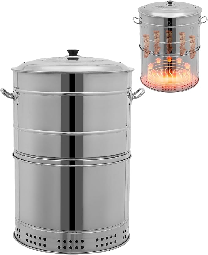 Large Portable Charcoal Grills, Stainless BBQ Grill Barrel with 50 Skewers, 360° Smokeless Outdoor Barbecue Grill Vertical Smoker Barrel for Travel, Outdoor Cooking and BBQ