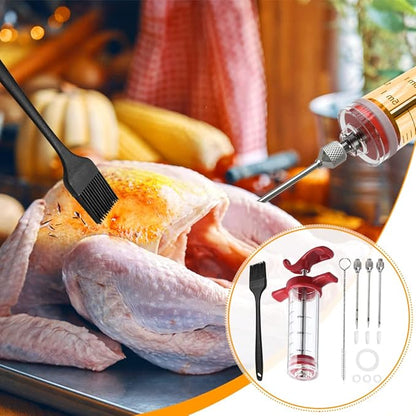Meat Injector Syring-e Kit,3 Needles Porous Turkey Injector for Meats with Cleaning Brush,Marinade Injector Syring-e for BBQ Grill with Black Oil Brush Easy to Use and Clean