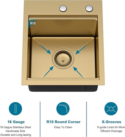 Gold Bar Sink With Faucet Drop In Bar Sinks 15x17 Inch Stainless Steel Indoor Outdoor Kitchen Workstation16 Gauge Single Bowl Small Sinks With Pull-out Faucet 15"x17"x9"