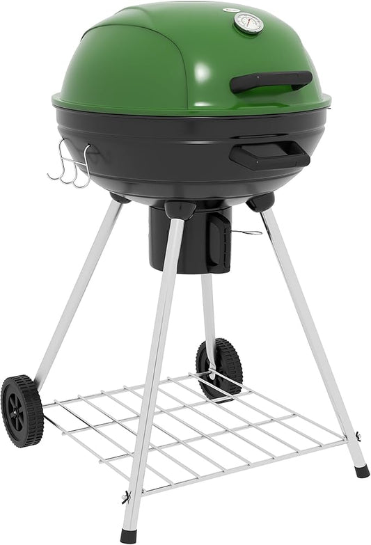 21" Kettle Charcoal BBQ Grill Trolley with 360 sq.in. Cooking Area, Outdoor Barbecue with Shelf, Wheels, Ash Catcher and Built in Thermometer for Patio, Backyard Party, Green