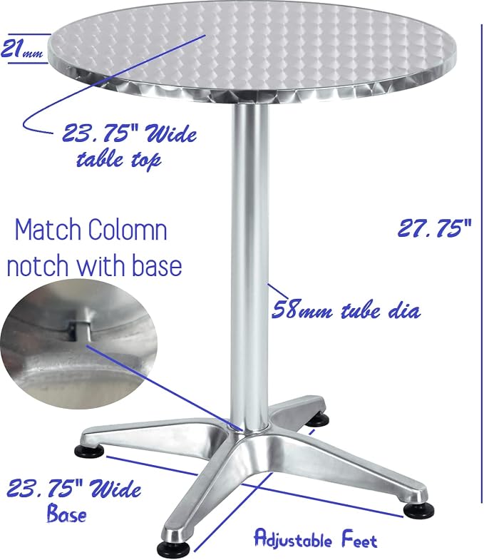 Set of 2, 23.75" Round Stainless Steel Restaurant Table – Commercial Indoor Outdoor Dining Table with Base – Aluminum Bistro Cafe Patio Furniture