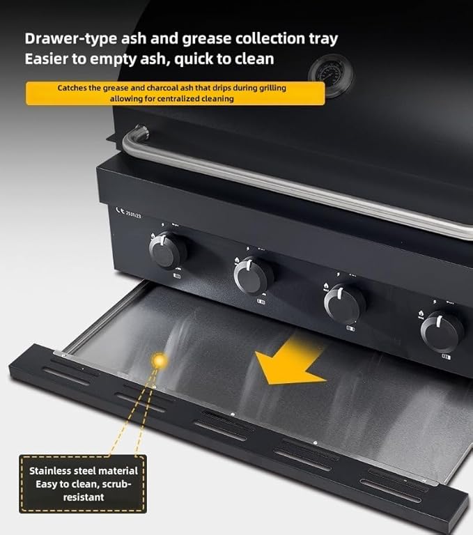 4-Burner Gas & Charcoal Combo Built-in BBQ Grill – Outdoor Tabletop Barbecue with Thermometer, Cast Iron Grates, Pull-Out Grease Tray – for Patio, Garden, or Backyard Use