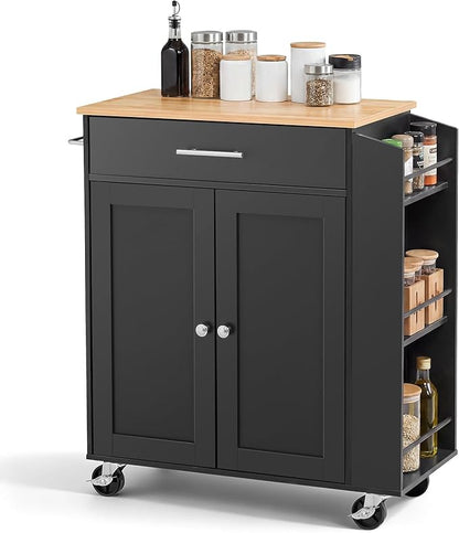 VEVOR Kitchen Island Cart with Storage, 31.3 in Wide Mobile Rolling Storage Island on Swivel Wheels, with Drawer, Storage Cabinet, Spice/Towel Rack, Table for Home Dining Room, Black