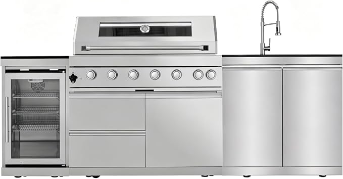 Outdoor Kitchen Island with Gas Grill, Stainless Steel Modular Outdoor Kitchen, Outdoor Grill Station with Refrigerator and Faucet Sink, for Backyard, Patio, Poolside