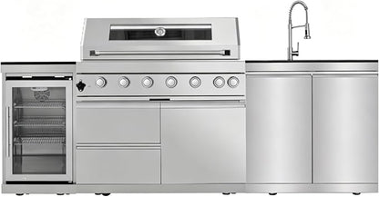 Outdoor Kitchen Island with Gas Grill, Stainless Steel Modular Outdoor Kitchen, Outdoor Grill Station with Refrigerator and Faucet Sink, for Backyard, Patio, Poolside