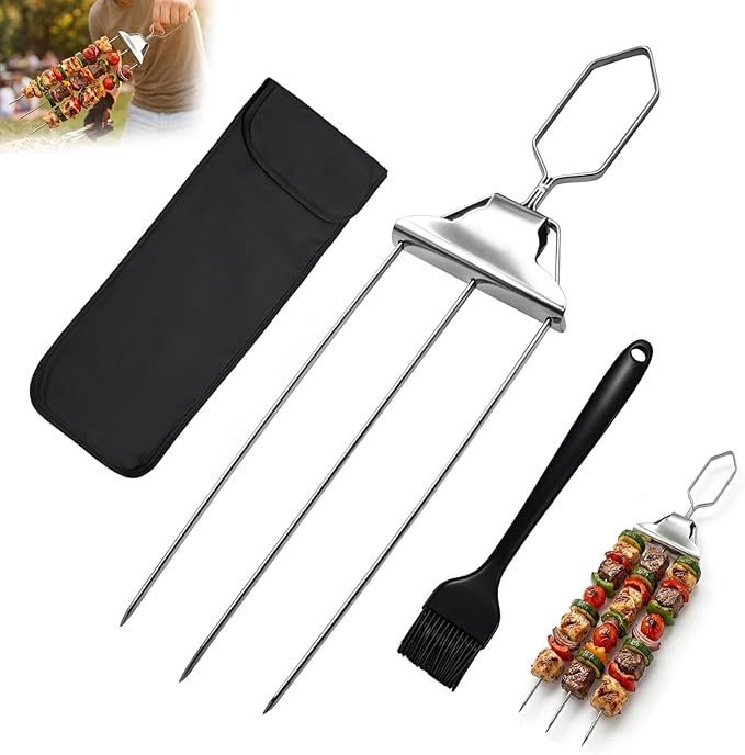 3 Prong Kabob Skewers for Grilling Set, 14.7" Stainless Steel Metal BBQ Skewers with Push-Off Slider, Silicone Basting Brush & Storage Bag, Reusable Shish Kabob Skewers for Meat & Vegetables