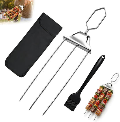 3 Prong Kabob Skewers for Grilling Set, 14.7" Stainless Steel Metal BBQ Skewers with Push-Off Slider, Silicone Basting Brush & Storage Bag, Reusable Shish Kabob Skewers for Meat & Vegetables