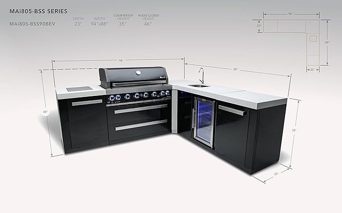 Mont Alpi Premium 94"W x 88"D L-shaped Black Stainless Steel Modular Outdoor Kitchen Island with Beverage Center Refrigerator Faucet & Sink + 44"W 6-Burner BBQ Gas Grill + Storage Cabinets & Drawers