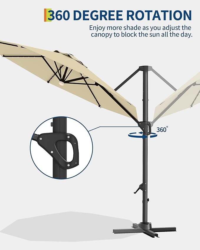 GarveeLife 10FT Patio Umbrella Outdoor Solar LED Large Cantilever Umbrella Market Sun Shade Windproof Offset Umbrella with 360-Degree Rotation for Garden Deck Pool Patio