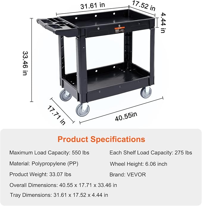 VEVOR Utility Service Cart, 2 Shelf 550LBS Heavy Duty Plastic Rolling Utility Cart, Medium Lipped Shelf, 360° Swivel Wheels, Ergonomic Storage Handle for Warehouse Garage, Black | Heavy Duty Rolling Cart with 360° Swivel Wheels, Medium Lipped Shelf, Er...