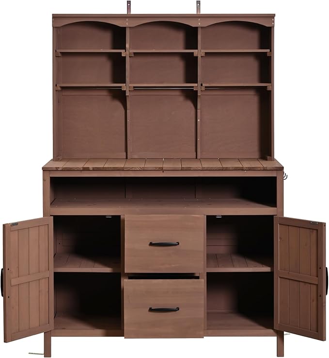 Merax 45.3" Large Outdoor Fir Wood Potting Bench with Storage, Multi-Functional Patio Kitchen Island with 6-Shelf Hutch+2 Cabinets+2 Drawers+3 Hooks, Garden Workstation for Planting, Gardening, Brown