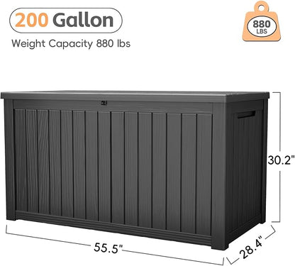 200 Gallon Outdoor Deck Box - Lockable Waterproof Storage Container, Resin Weatherproof Box for Patio Garden Furniture Pool Tools Cushions, Black