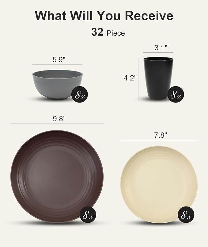 Quatish 32 Piece Plates and Bowls Sets for 8, Unbreakable Dinnerware Sets, Dish Set for Camping, Dishwasher Microwave Safe, Outdoor Kitchen and Apartment Dorm Dinning RV Essentials, Brown