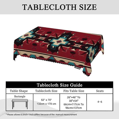 Swono Ethnic Pattern Tablecloth Red Geometric American Navajo Style Rectangle Table Cloth Washable Plaid Table Cover for Kitchen Holiday Dinner, 52x 70 Inch Tablecloth