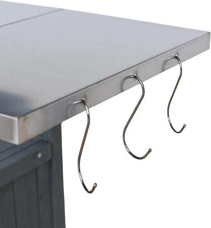 Christopher Knight Home Edsel Outdoor Bar Cart with Stainless Steel Top and Lockable Wheels, Solid Wood Outdoor Storage Cabinet, Kitchen Island Serving Cart for Poolside, Garden, Blue Gray