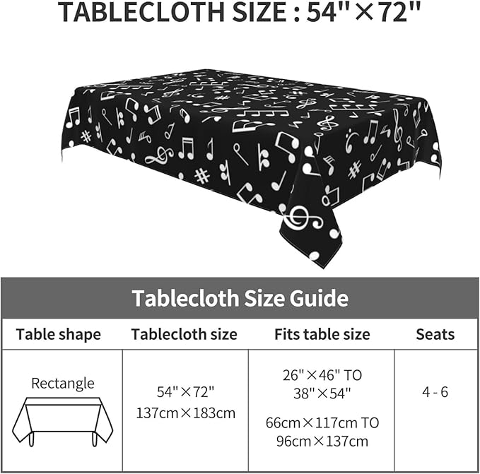 Music Notes Tablecloth Washable Rectangle 54"x72" Kitchen Dinner Picnic Parties Birthday Table Cloth Home Decoration for All Seasons Musicial Table Cover, Black
