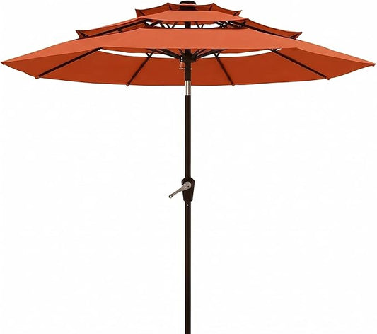10FT Patio Umbrella 3 Tiers Outdoor Market Umbrella w/Push Button Tilt, Crank, UV and Waterproof Table Umbrella for Garden, Pool, Backyard, Deck, Lawn, Terracotta