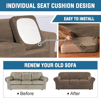 H.VERSAILTEX Rich Velvet Stretch 2 Piece Cover Chair Slipcover Sofa Cover Furniture Protector Couch Soft with Elastic Bottom Chair Couch Cover Width Up to 49 Inch (Chair, Mocha)