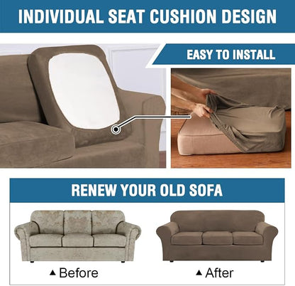 H.VERSAILTEX Modern Velvet Plush 4 Piece High Stretch Sofa Slipcover Sofa Cover Furniture Protector Form Fit Thick Velvet Sofa Cover for 3 Cushion Couch Width Up to 90 Inch (Sofa, Mocha)