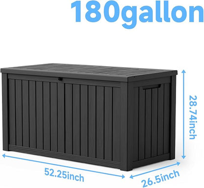 ROJIK Outdoor Storage Box, 180 Gallon Waterproof Resin Deck Box with Hydraulic Lid, Large Lockable Storage Bin UV-Resistant for Patio Furniture Cushions, Garden Tools, Pool Accessories, Black