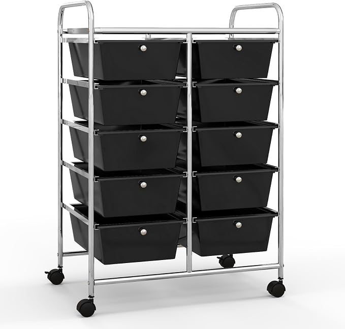 HOMGX Rolling Cart with 10 Drawers, 10 Tiers Multicolor Trolley, Drawer Bin Carts with 2 Lockable Wheels, Adjustable File & Debris Organizer Cart, Rolling Storage Cart for Office, School, Home