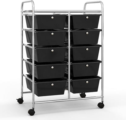 HOMGX Rolling Cart with 10 Drawers, 10 Tiers Multicolor Trolley, Drawer Bin Carts with 2 Lockable Wheels, Adjustable File & Debris Organizer Cart, Rolling Storage Cart for Office, School, Home