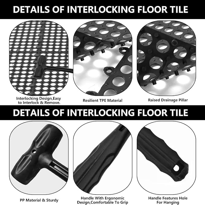 15 Pack Garage Floor Tiles, 12x12 Inch Interlocking Drainage Tiles | Non-Slip Deck Tile for Bathroom, Pool Deck, Gym, Garage, Kitchen & Wet Areas, Easy Splicing Anti-Fatigue Mat ( Black)