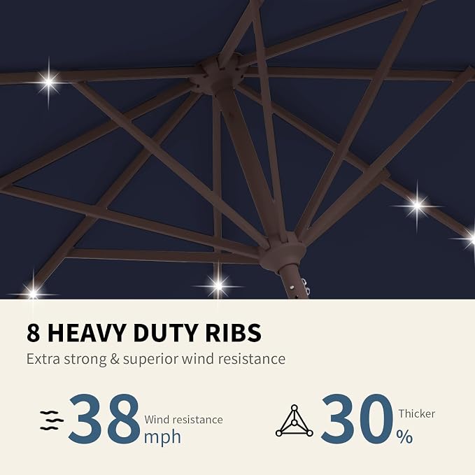9FT Patio Umbrella with Solar Lights,Outdoor Market Umbrella with Tilt and Crank, LED Lighted Table Umbrella for Garden,Deck,Backyard,Pool,Beach (Navy)