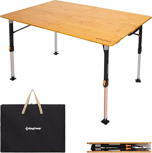 KingCamp Bamboo Folding Table, 2-Fold Camping Adjustable Height Portable Outdoor Lightweight & Compact Table with Aluminum Frame for RV Picnic BBQ