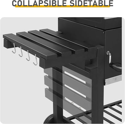 Outdoor Charcoal BBQ Grill with Oversize Cooking Area, Outdoor Cooking Grill with 2 Individual Lifting Charcoal Trays and 2 Foldable Side Tables
