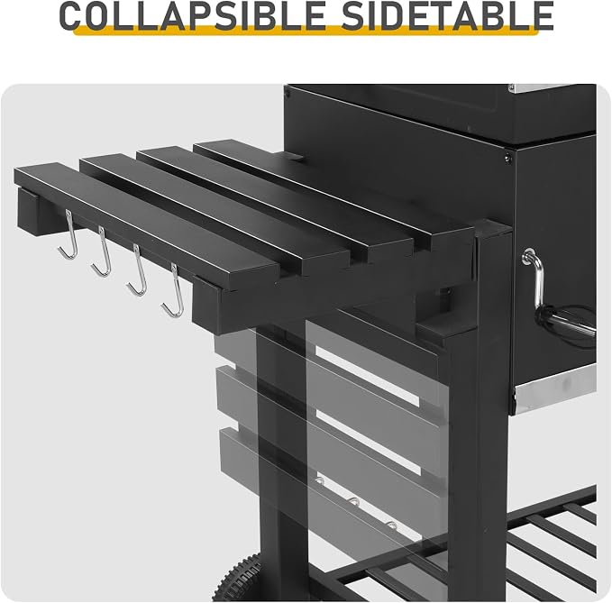 Extra Large Charcoal Grill, Outdoor BBQ Grill with Dual Adjustable Charcoal Doors, Foldable Side Tables for Backyard, Camping, and Picnic Cooking, Black