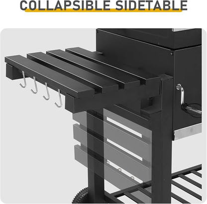 Extra Large Charcoal Grill, Outdoor BBQ Grill with Dual Adjustable Charcoal Doors, Foldable Side Tables for Backyard, Camping, and Picnic Cooking, Black