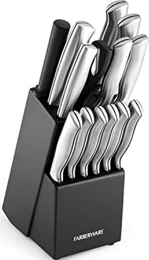 Farberware 15-Piece Kitchen Knife Set, High-Carbon Stainless Steel Blades with Wood Block, Steak Knives, Sharpening Tool & All-Purpose Shears, Razor Sharp, Ergonomic Stainless Steel Handles