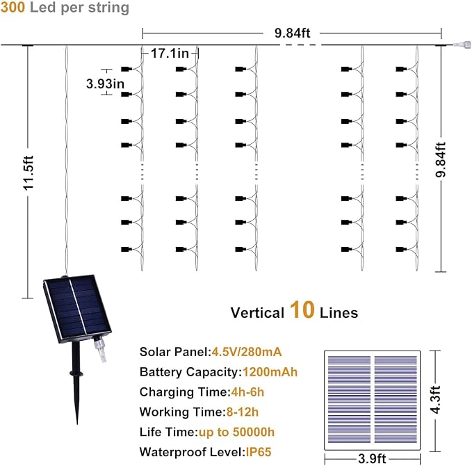 300LED Solar Curtain Lights USB & Solar Dual Powered 8 Modes Fairy Curtain String Lights Waterproof Twinkle Lights for Home Indoor Outdoor Use Garden Patio Gazebo (Warm White)