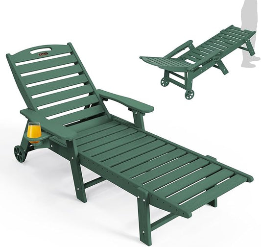 Ciokea Outdoor Lounge Chair with Rolling Wheels & Cup Holder, All Weather Patio Chaise Lounge Chair for Outside, 5 Position, HDPE Chair for Patio Deck, Pool, Green
